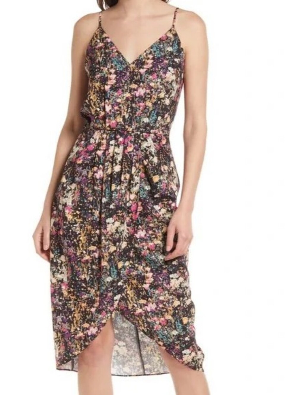 Chelsea28 Floral Watercolor Black Brights Faux Wrap Midi Dress, Size S